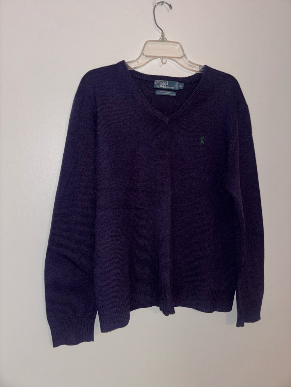 Polo by Ralph Lauren Men's V-Neck Sweater in Navy with Green Pony 100% Lamb Wool